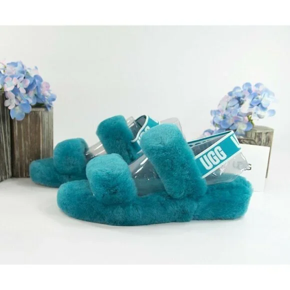 UGG Fluff Oh Yea Aqua Blue Sheepskin Fur Slippers Slides Sandals NIB - Picture 2 of 11